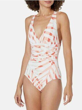 La Blanca One Piece Swimsuit Womens 8 Coral Palm Print Strappy Back